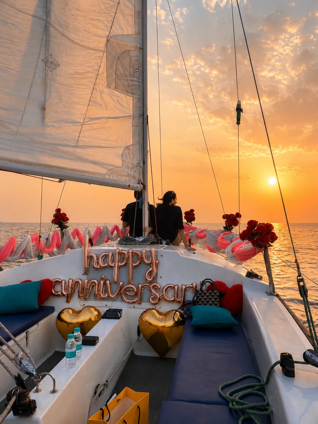 A couple watching the sunset from the bow under a happy anniversary balloon display