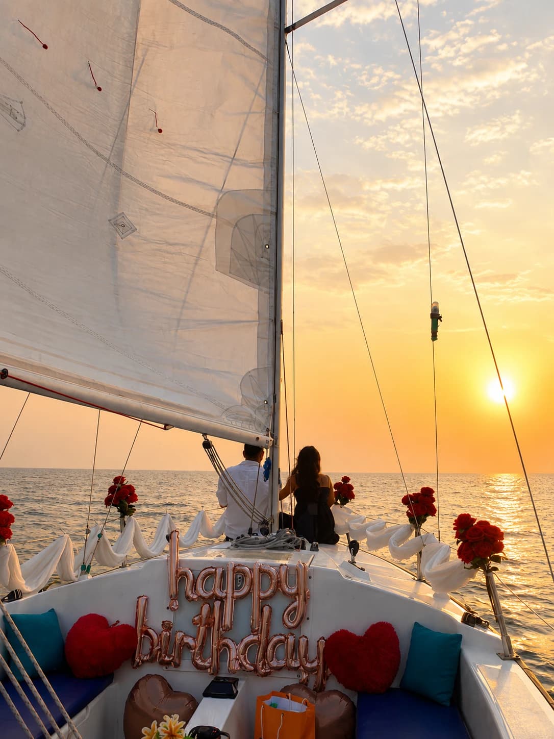A couple seated at the bow under sail at sunset, with 'Happy Birthday' balloons and fresh roses